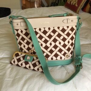 Spartina Fabric & Leather Bag with Eyeglass Case in Brown, Cream and Sea foam